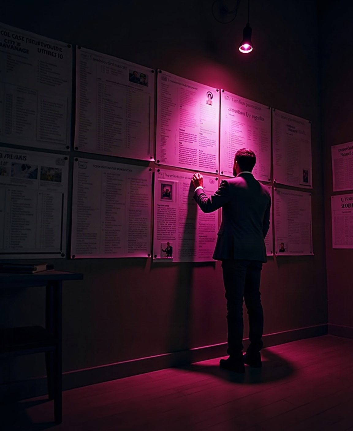 Estratega revisando una pared de campañas impresas bajo luz magenta